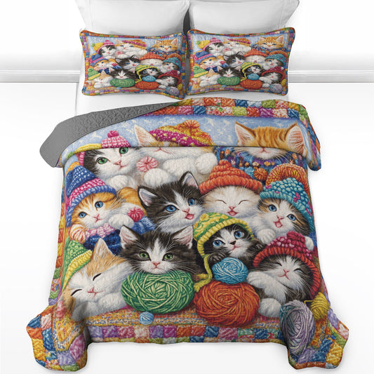 Shineful All Season Quilt 3-Piece Set Cozy Knitted Kittens