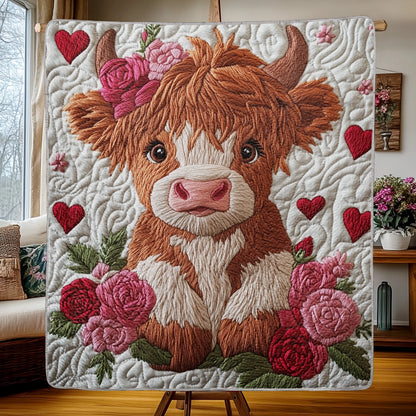 Shineful Flat Print Faux Quilt Blanket -  Adorable Highland Cow with Floral Charm and Love Hearts