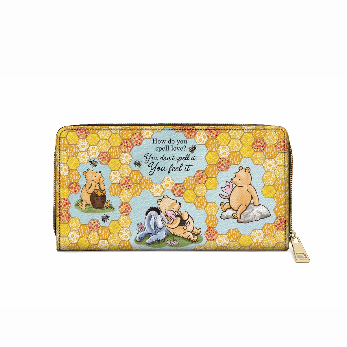 Glänzende Clutch aus Leder mit Trageriemen und Pooh-The-Love-Zitat