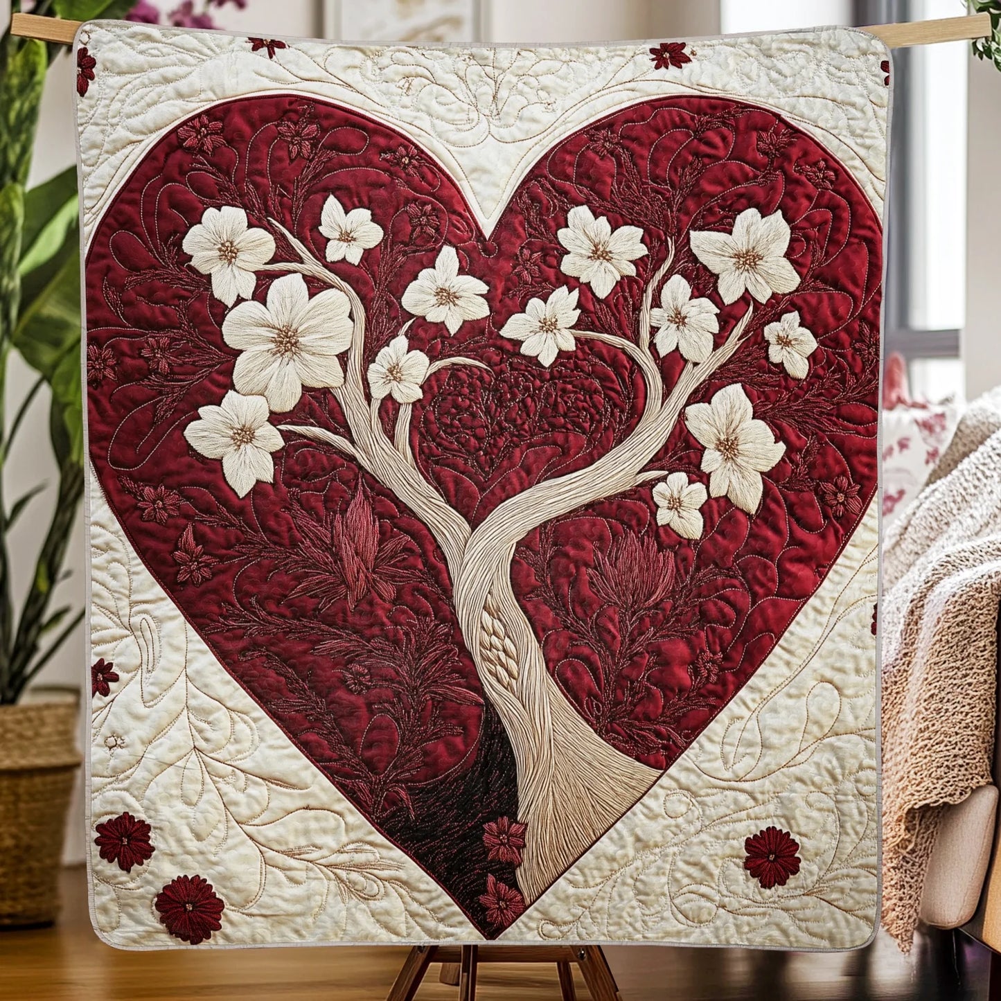 Shineful Flat Print Faux Quilt Blanket - Enchanted Heart Quilt with Floral Tree and Embroidered Accents