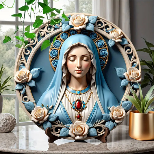 Shineful 2D Wooden Plaque, Hanging Decor, Door Sign Virgin Mary Rosette Wreath Emblem