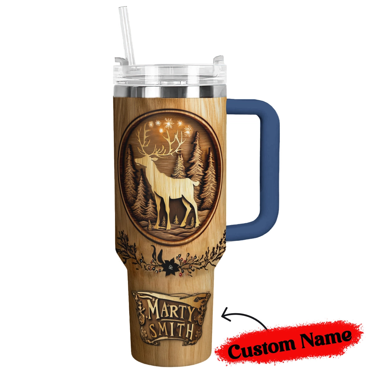 Shineful Glossy Tumbler Personalized Reindeer Woodcut Christmas