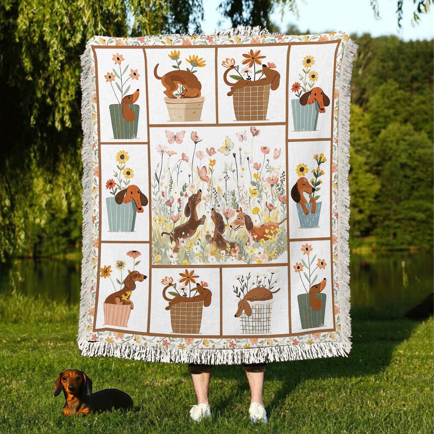 Shineful Woven Tapestry Throw Blanket - Flowers Dachshunds