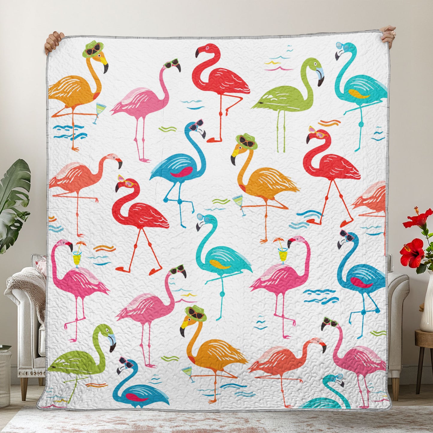 Shineful Flat Print Faux Quilt Blanket Flamingo Whimsical