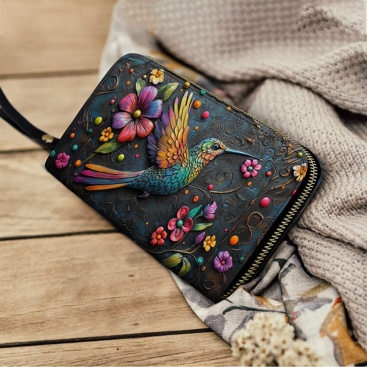 Shineful Leather Clutch Purse With Wristlet Strap Handle Hummingbird Gorgeous