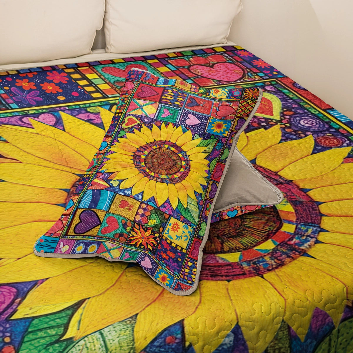 Shineful All Season Quilt 3-Piece Set Hippie Heart & Sunflower