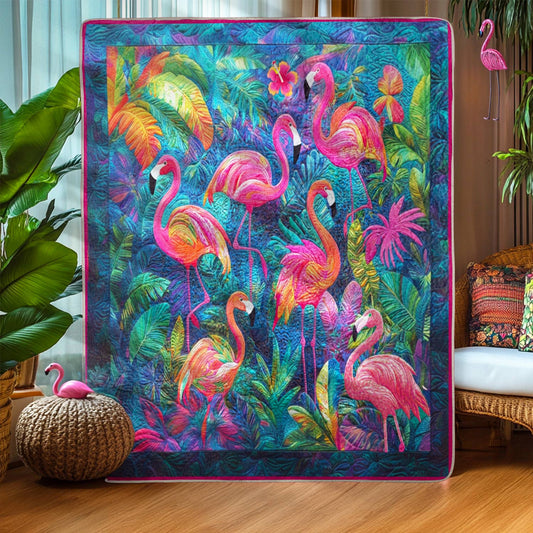 Shineful Flat Print Faux Quilt Blanket Tropical Flamingo Paradise