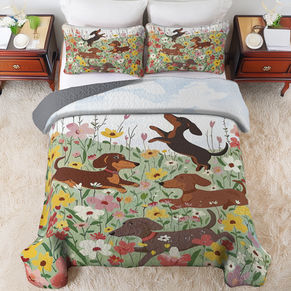 Shineful All Season Quilt 3-Piece Set Dachshund In Flower Garden