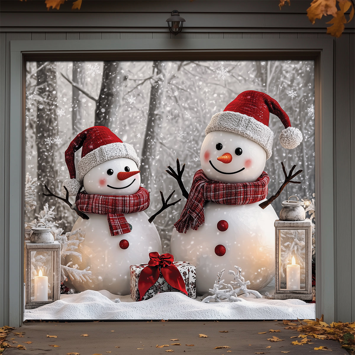 Shineful Garage Door Banner Decoration Winter Forest Happy Snowman Couple
