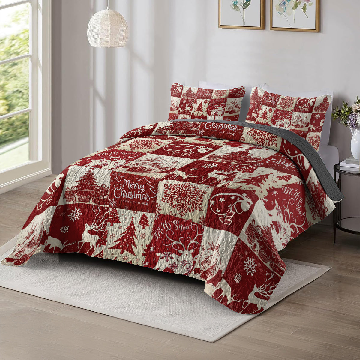 Shineful All Season Quilt 3-Piece Set Red Merry Christmas