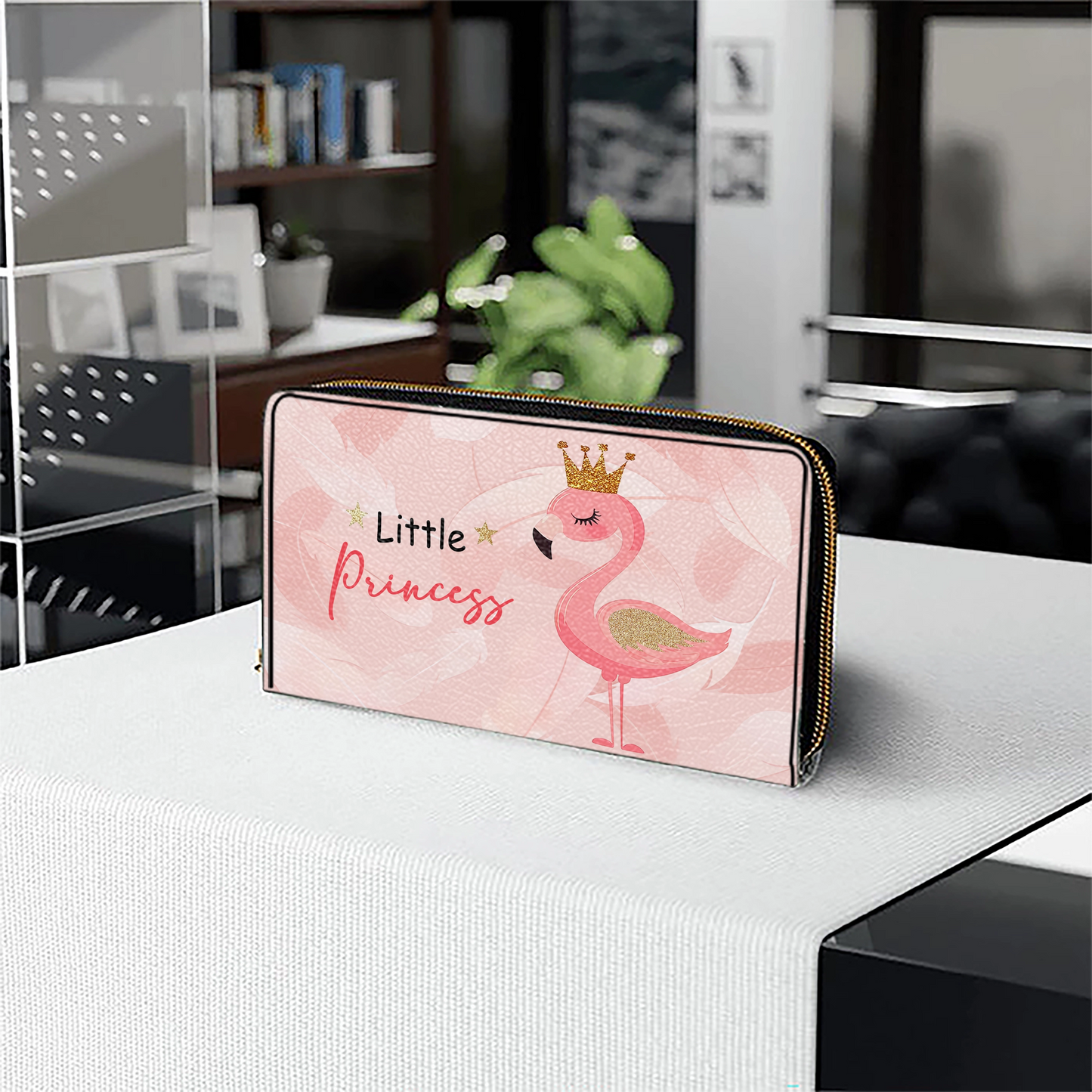 Shineful Leather Clutch Purse With Wristlet Strap Handle Little Princess Flamingo