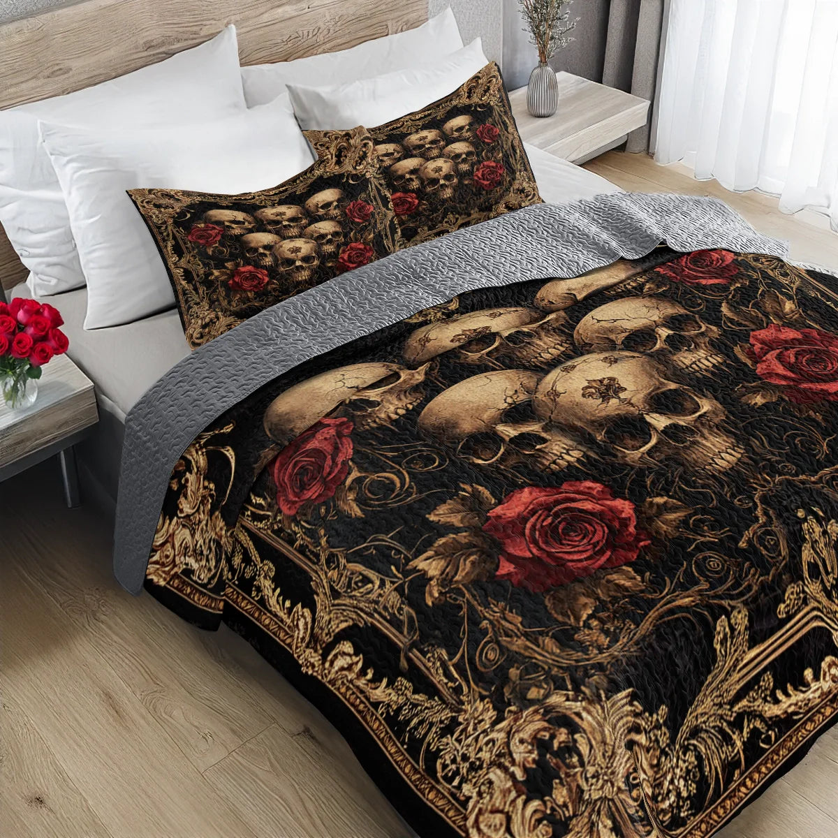 Shineful All Season Quilt 3-Piece Set - Dark Gothic Skulls