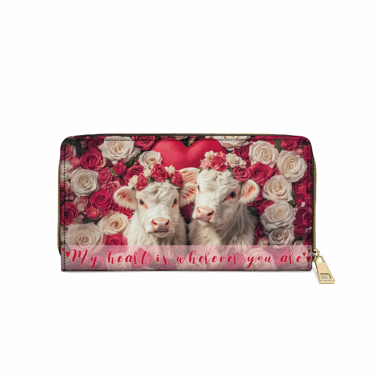 Pochette en cuir brillante avec dragonne et breloque vache Saint-Valentin