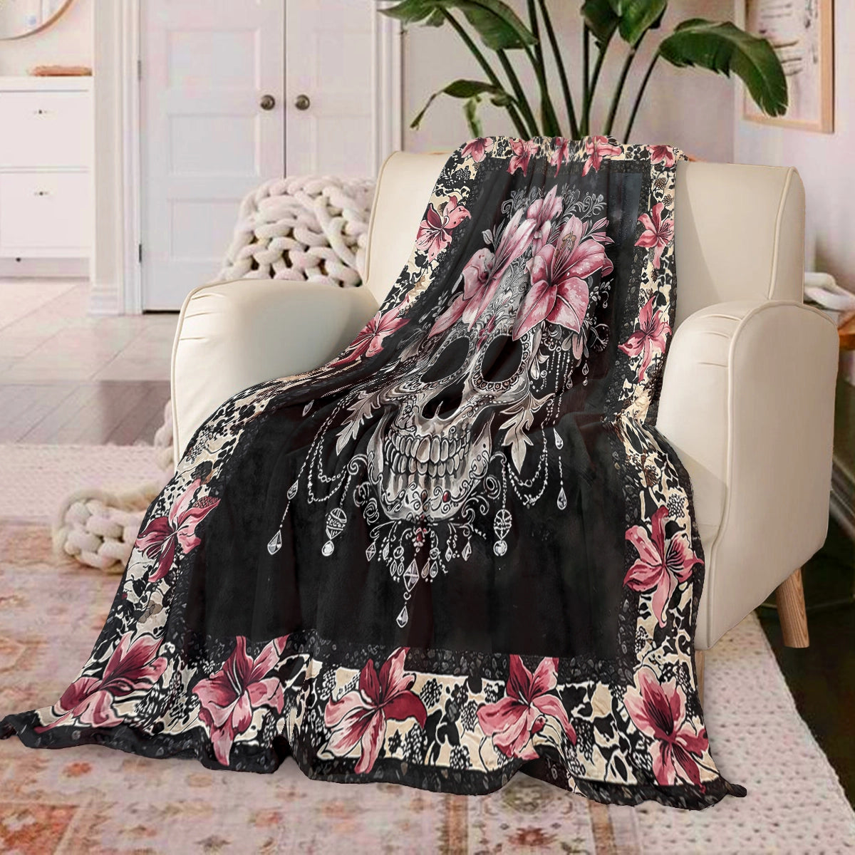 Shineful Fleece Blanket Beautiful Sugar Skull With Lilies