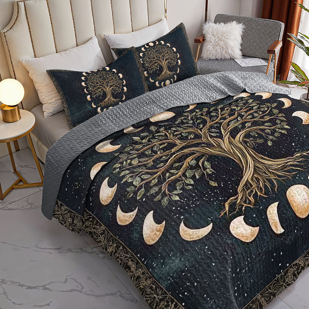 Shineful All Season Quilt 3-Piece Set - Mystical Moon Phases Tree of Life