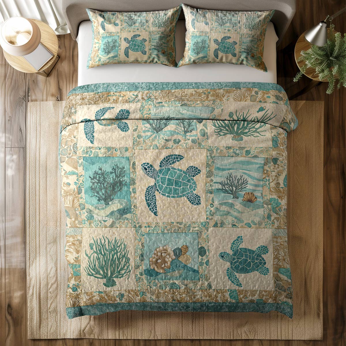 Shineful All Season Quilt 3-Piece Set - AquaMarine Sea Turtle Patchwork