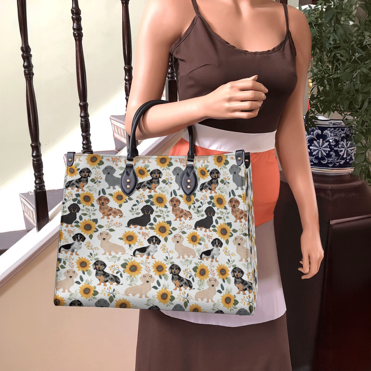 Shineful Leather Bag Dachshunds & Sunflowers