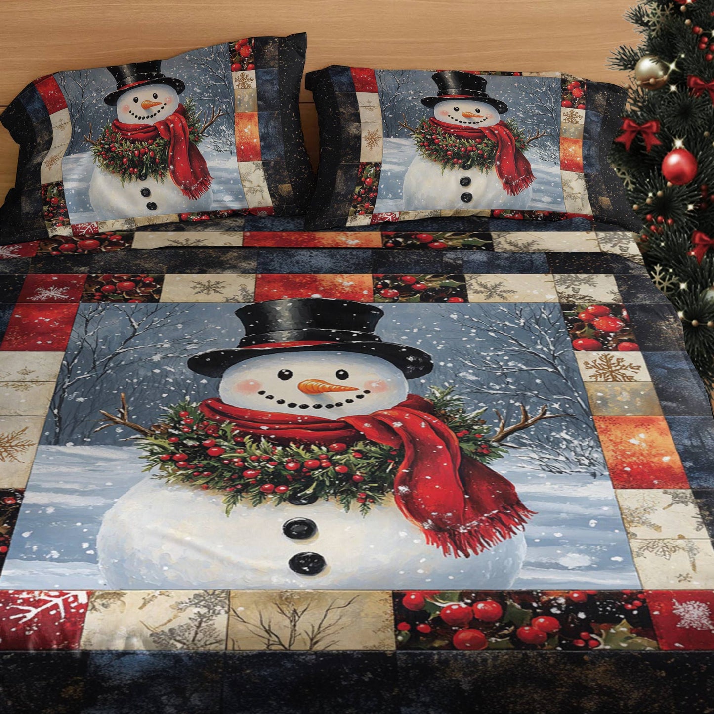 Shineful 4-Piece Bed Sheet Set Cheery Snowman