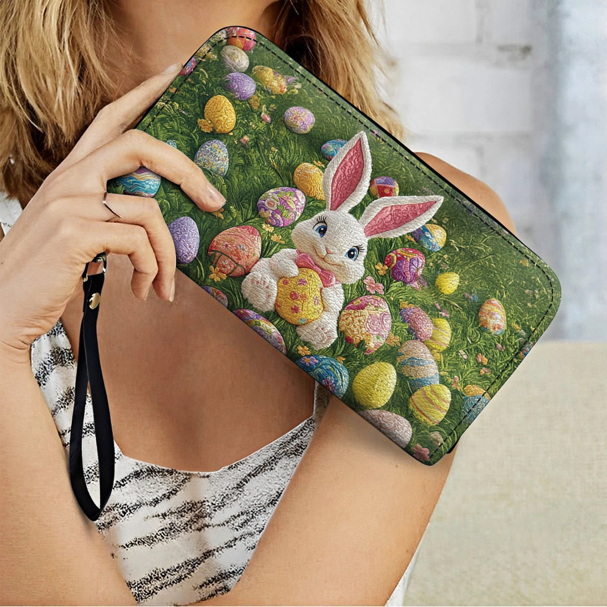 Shineful Leather Clutch Purse With Wristlet Strap Handle Easter Bunny