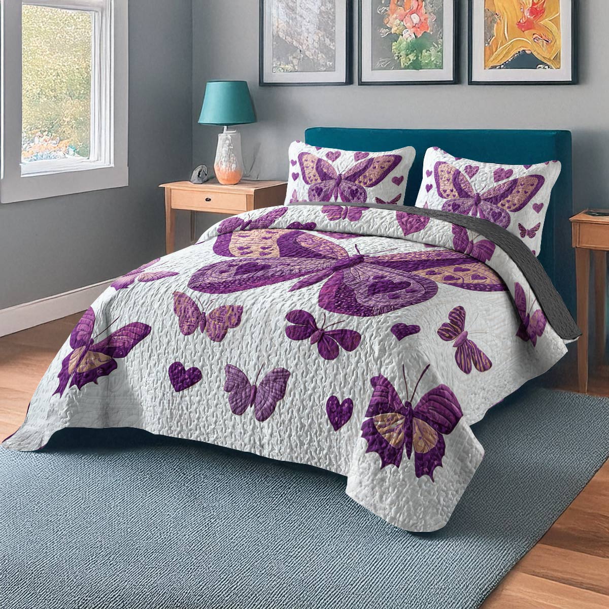 Shineful All Season Quilt 3-Piece Set - Purple Butterfly Bliss