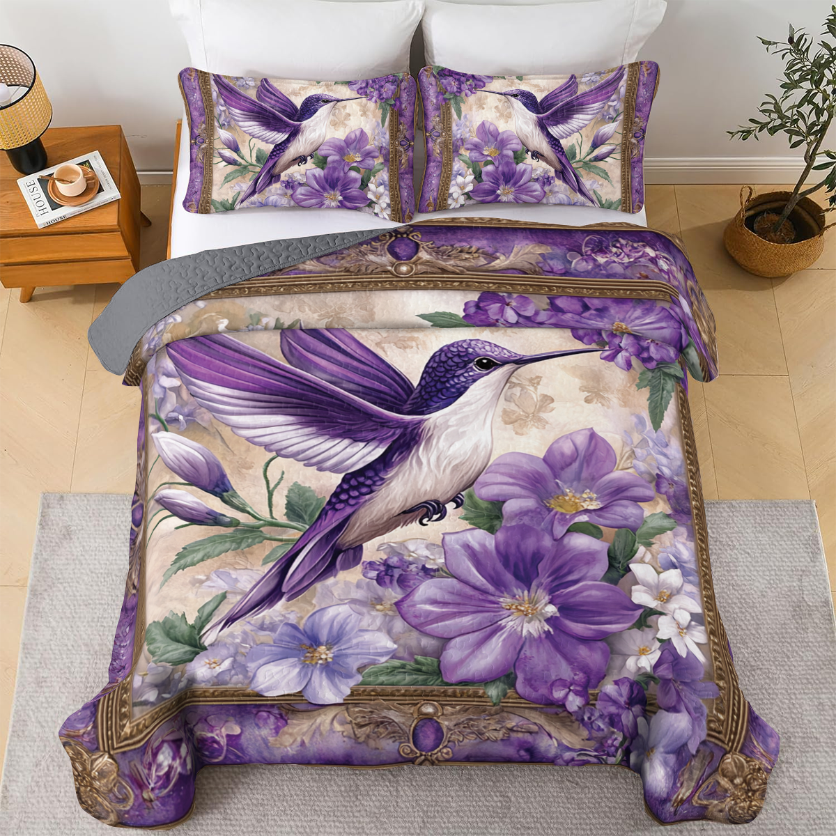 Shineful All Season Quilt 3-Piece Set - Whimsical Violet Hummingbird