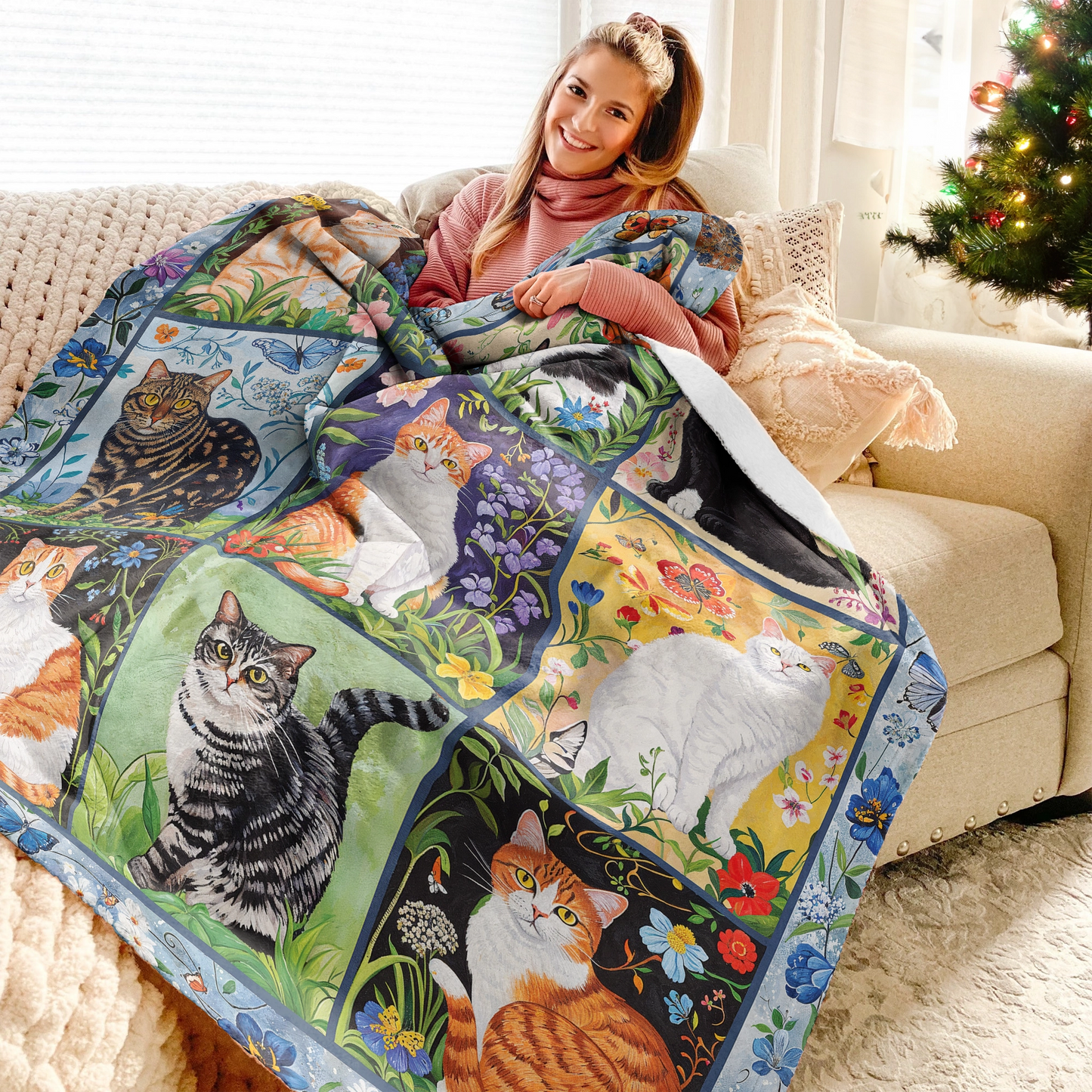 Shineful Fleece Blanket Cat Floral Felines