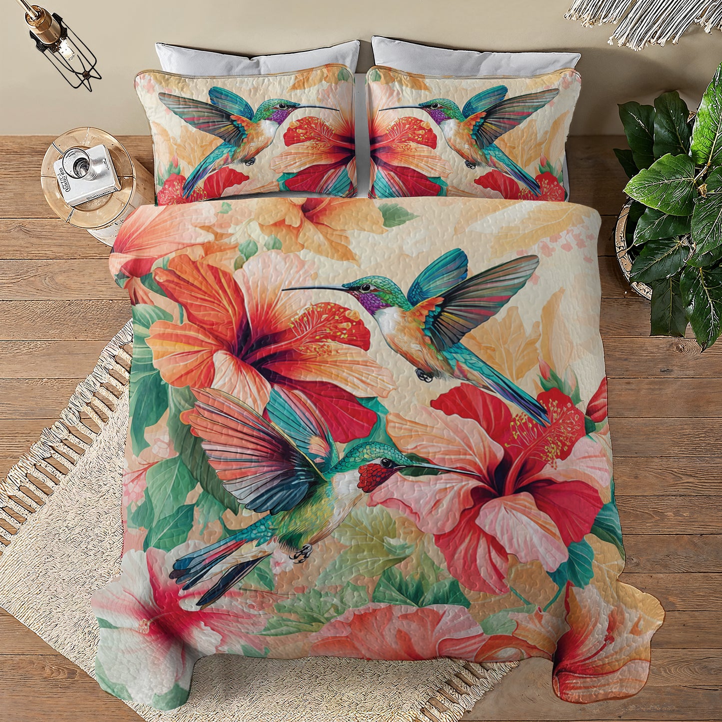 Shineful All Season Quilt 3-Piece Set Hummingbird and Hibiscus