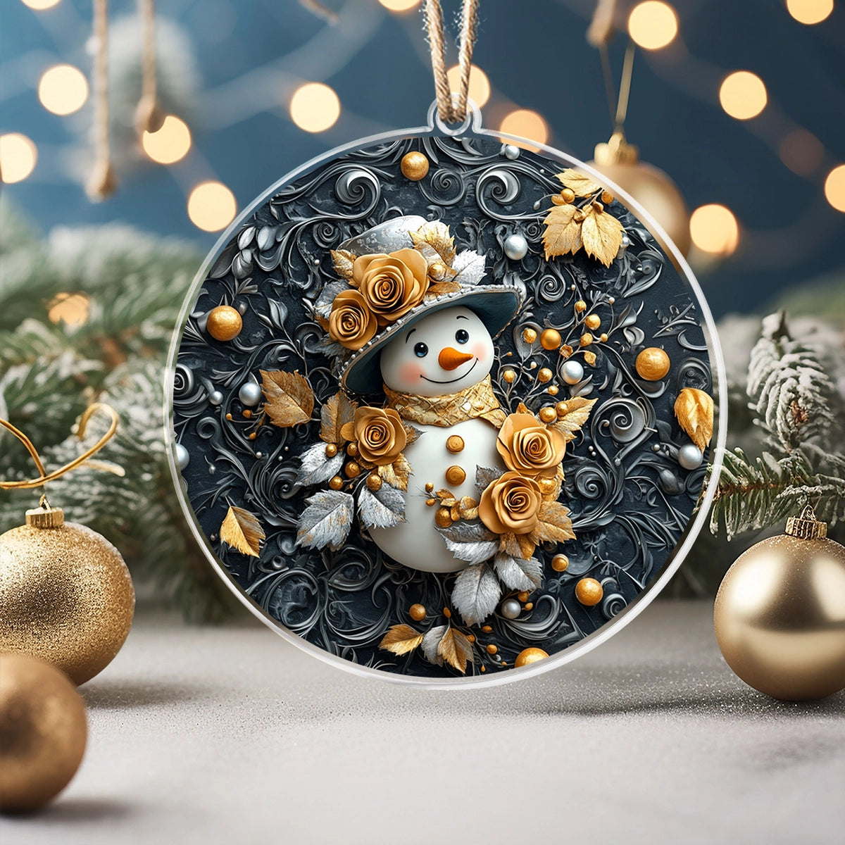 Glänzendes Acryl-Ornament Golden Frost Schneemann