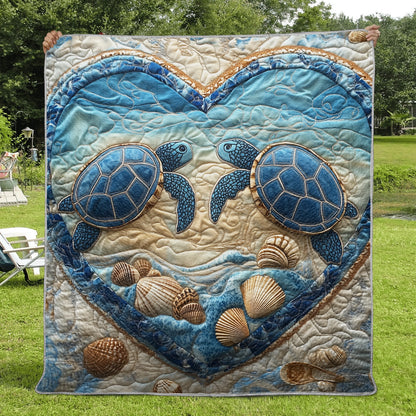 Shineful Flat Print Faux Quilt Blanket - Heartfelt Love with Two Sea Turtles and Seashells