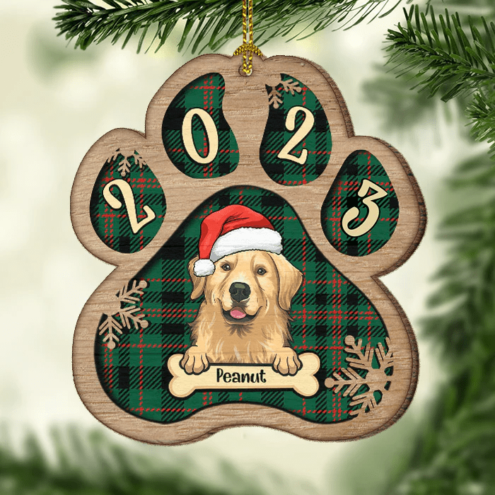 Shinefulgift® - Personalized Custom Paw Shaped Wood Christmas Ornament Dog Cat And Snow Plaid