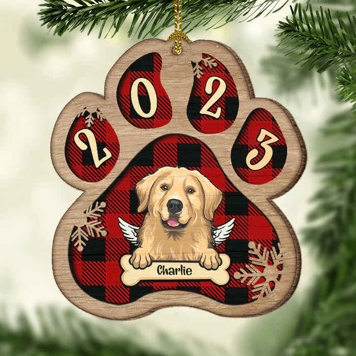 Shinefulgift® - Personalized Custom Paw Shaped Wood Christmas Ornament Dog Cat And Snow Plaid