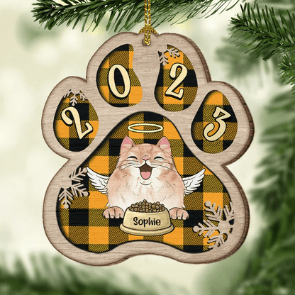 Shinefulgift® - Personalized Custom Paw Shaped Wood Christmas Ornament Dog Cat And Snow Plaid