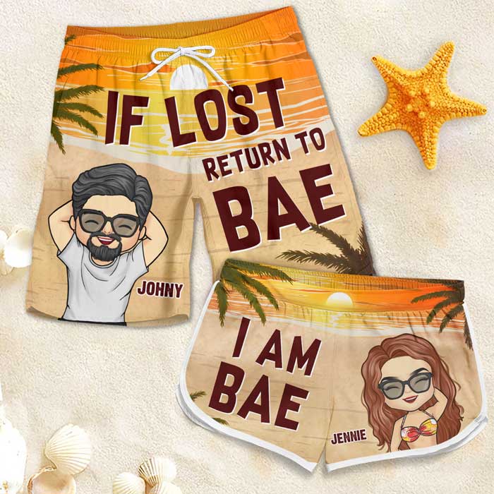 Shineful If Lost Return To Bae Personalized Tropical Hawaiian Aloha Couple Beach Shorts
