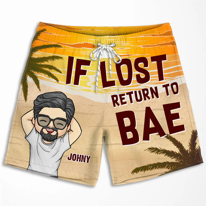 Shineful If Lost Return To Bae Personalized Tropical Hawaiian Aloha Couple Beach Shorts