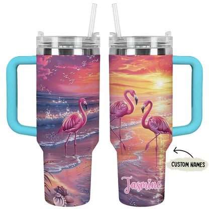 Shineful Tumbler Personalized Flamingo In Sunset