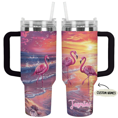 Shineful Tumbler Personalized Flamingo In Sunset