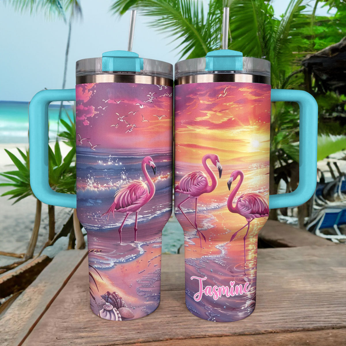 Shineful Tumbler Personalized Flamingo In Sunset