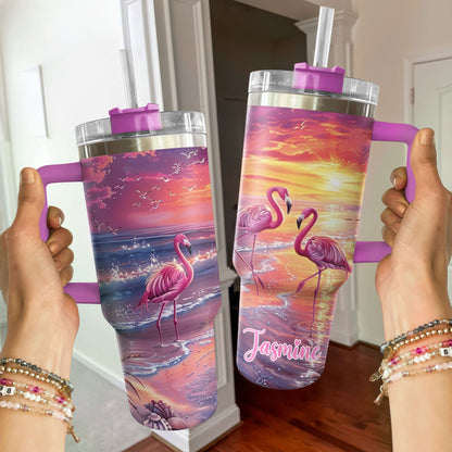 Shineful Tumbler Personalized Flamingo In Sunset