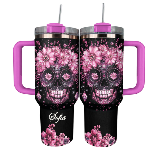 Glänzender Becher mit Strasssteinen, Rose, Sugar Skull