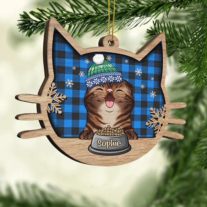 Glänzendes Dekorationsornament als Geschenk für Katzenliebhaber – „Fröhliche Katze an Weihnachten“ – personalisiertes Holzornament in Katzengesichtsform 