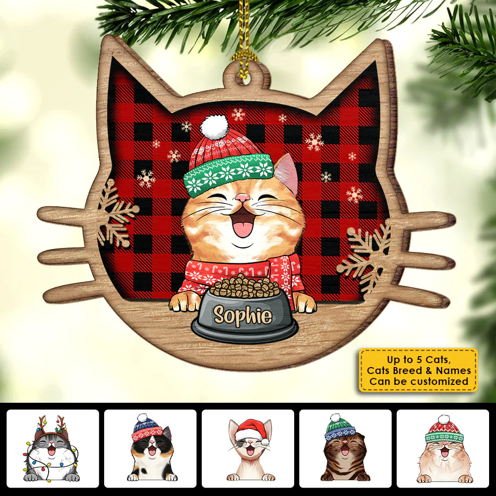 Glänzendes Dekorationsornament als Geschenk für Katzenliebhaber – „Fröhliche Katze an Weihnachten“ – personalisiertes Holzornament in Katzengesichtsform 