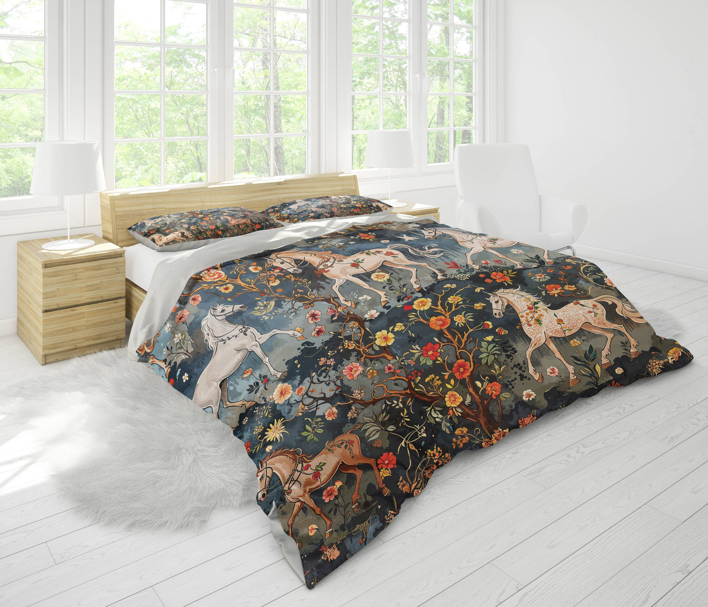 Shineful 3 Pieces Duvet Cover Set Mystery Horses