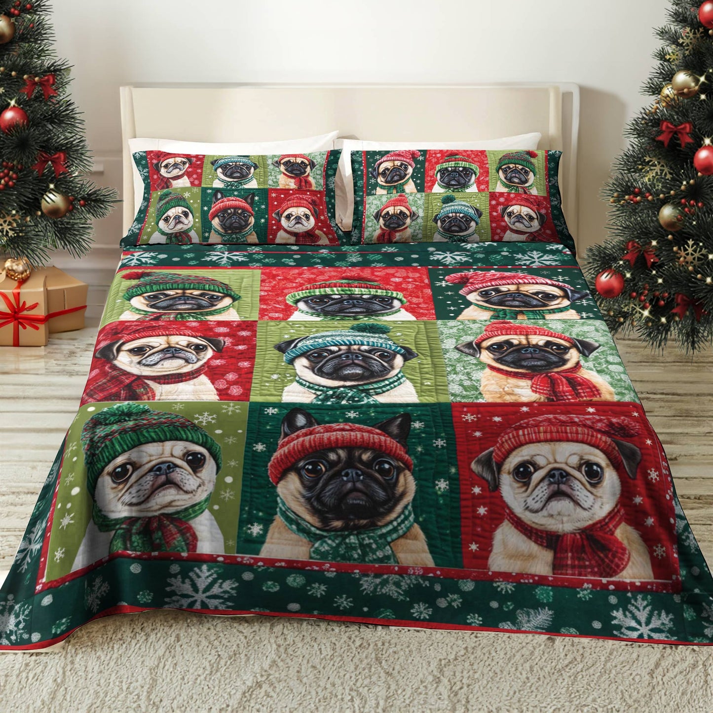 Shineful 4-Piece Bed Sheet Set Festive Puggy Christmas