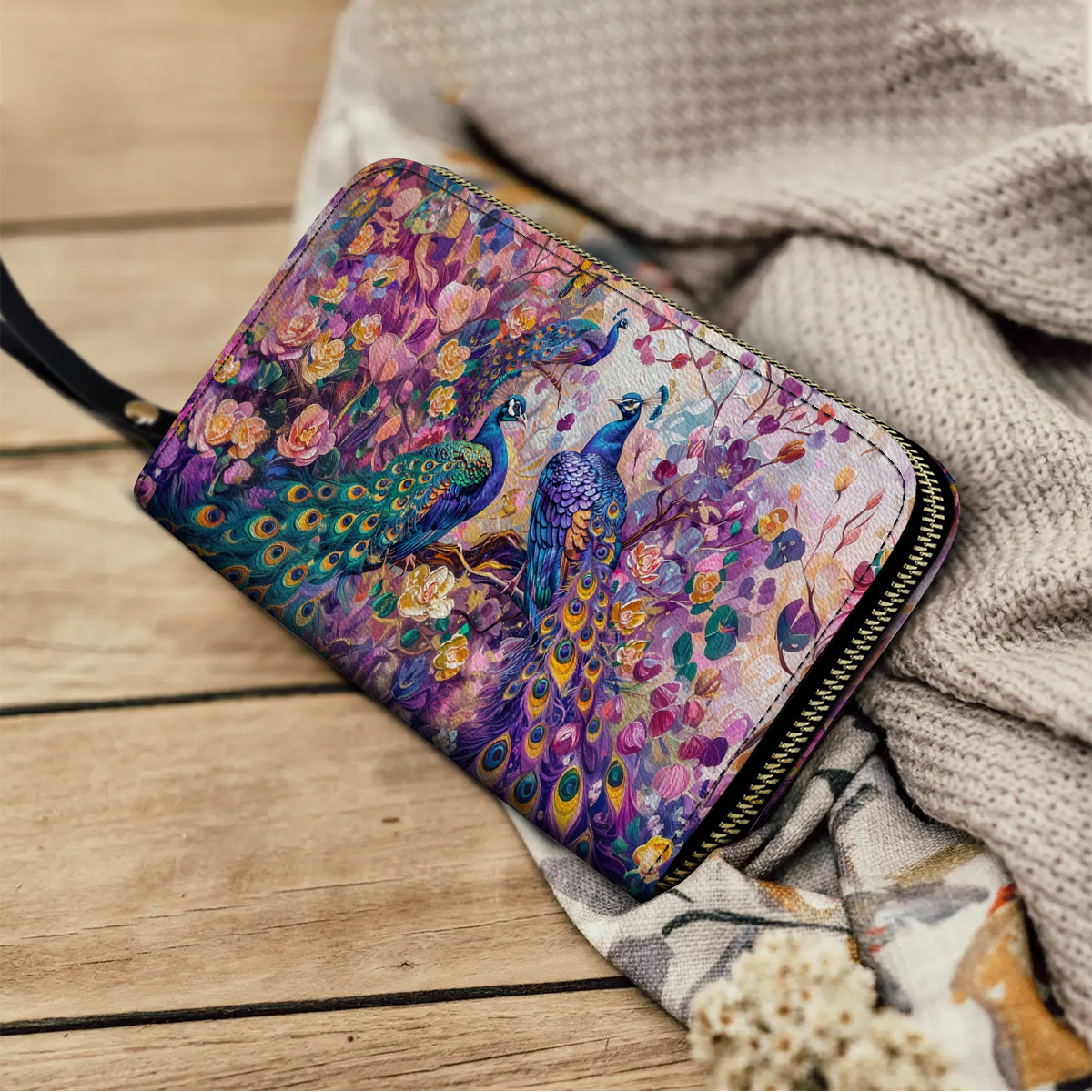 Shineful Leather Clutch Purse With Wristlet Strap Handle Majestic Peacock