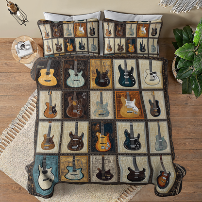 Shineful All Season Quilt 3-Piece Set - Vintage Guitar Patchwork