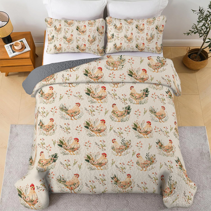 Shineful All Season Quilt 3-Piece Set - Botanical Chicken Garden