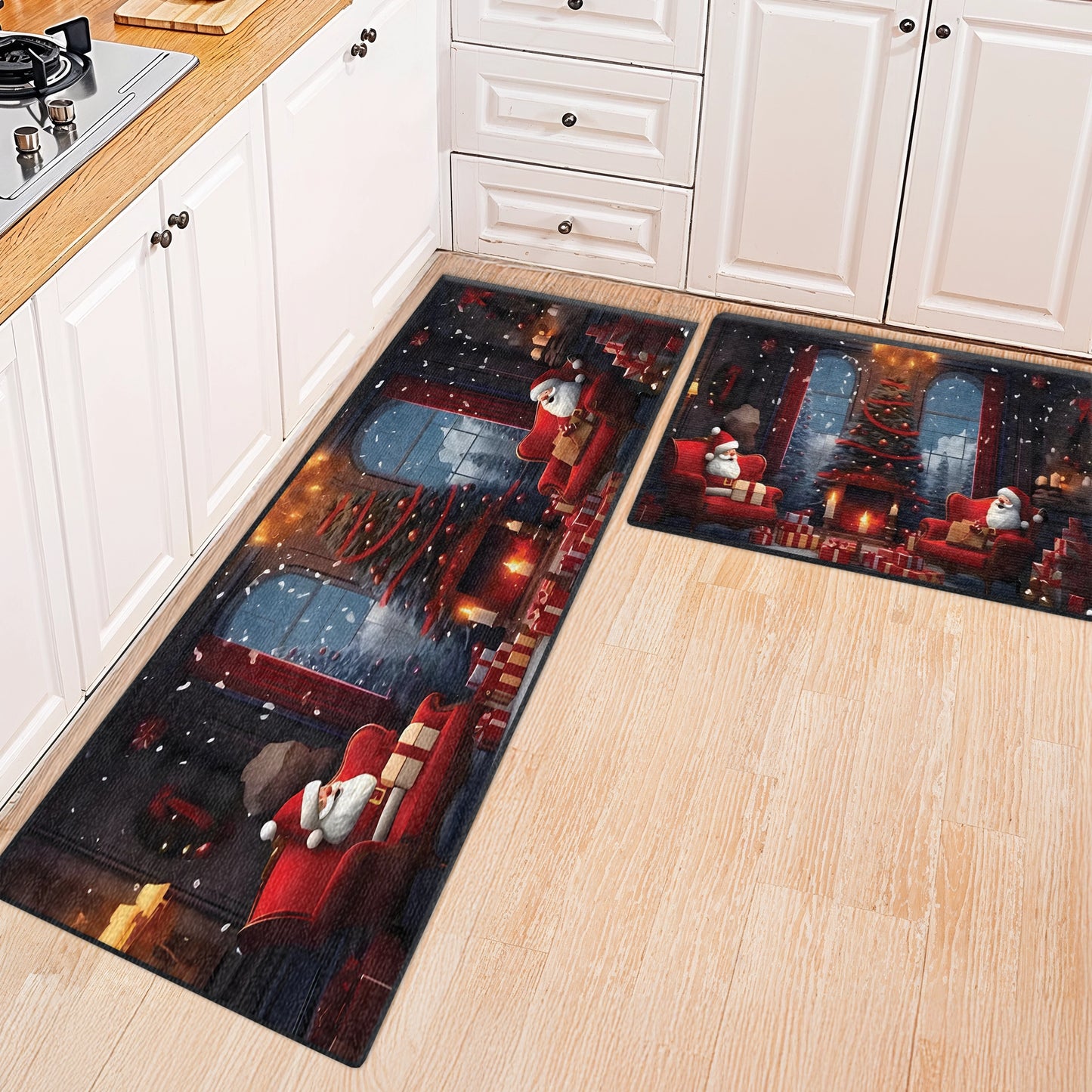 Shineful Ultra-Thin Non Skid Floor Mat, Kitchen Rugs Santa’s Cozy Fireside