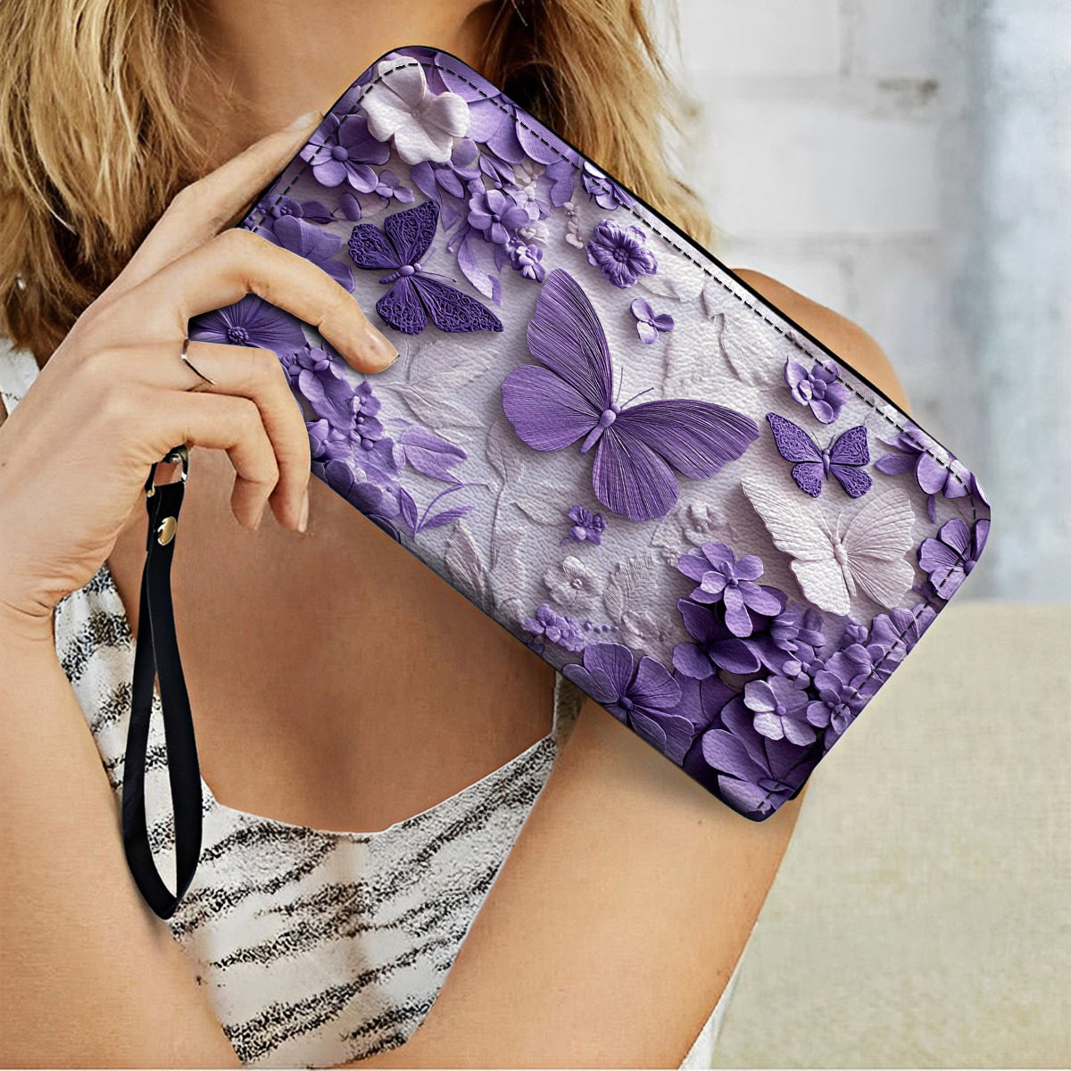 Shineful Leather Clutch Purse With Wristlet Strap Handle Violet Flutterby Dreams