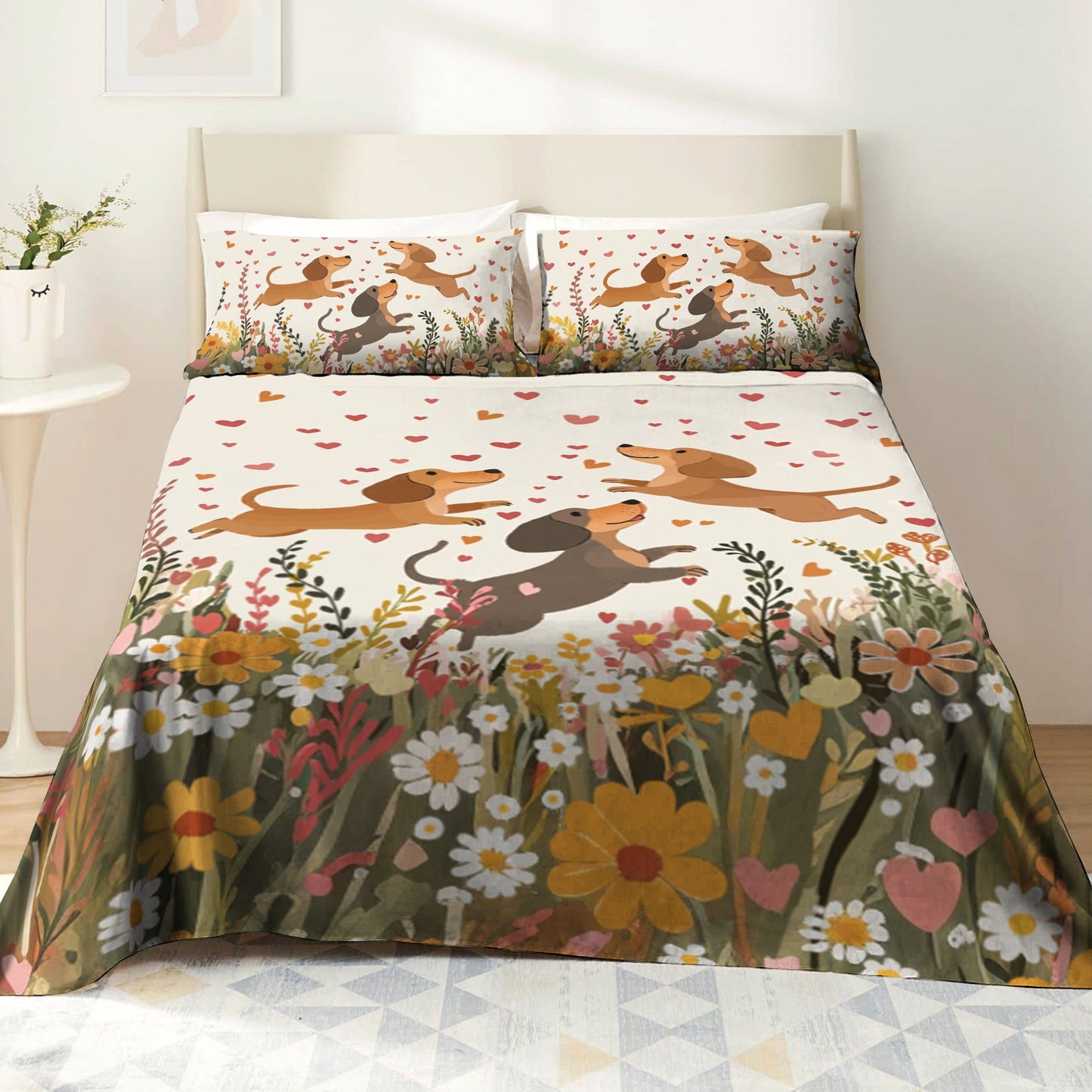 Ensemble de draps Shineful 4 pièces à motif teckel floral avec cœur