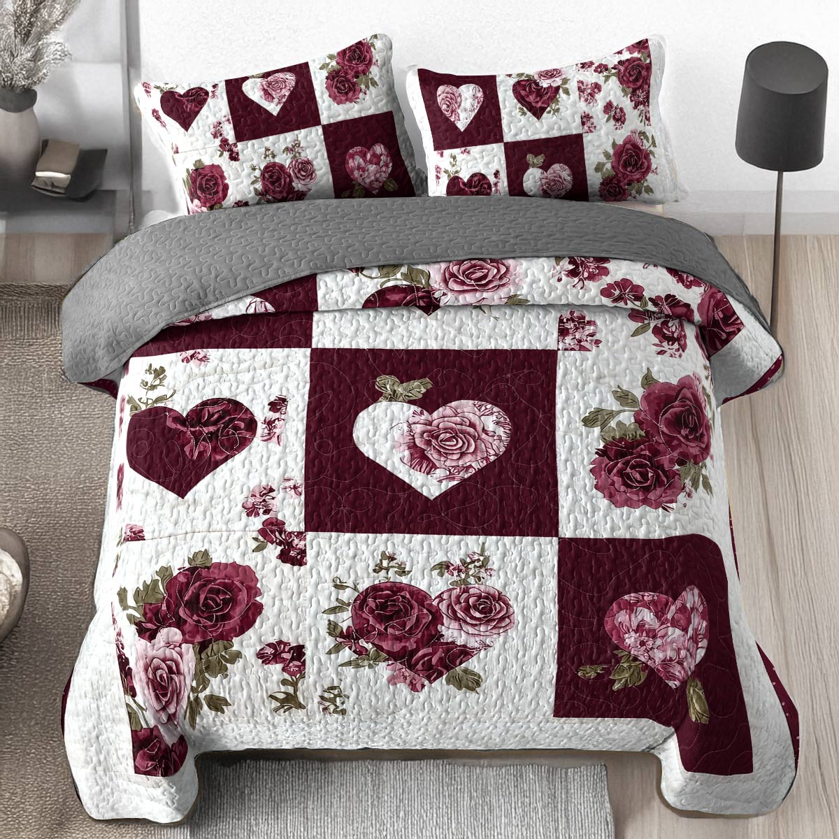 Shineful All Season Quilt 3-Piece Set - Hearts & Roses Elegance